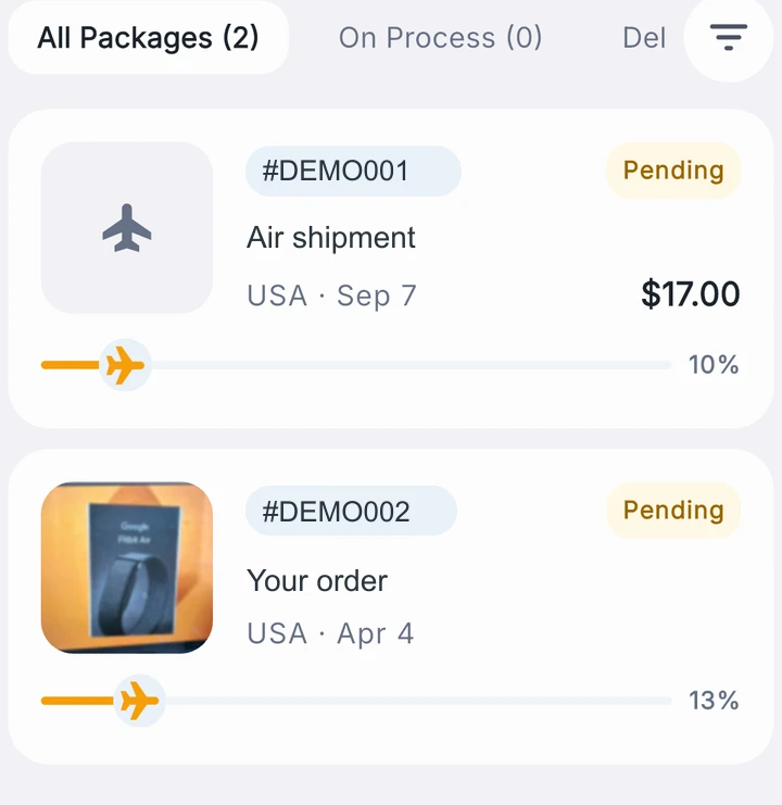 Moovit iOS shipments screen excerpt with demonstration identifiers